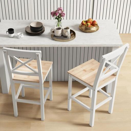Taburetes Altos de Cocina de Madera Altura Asiento 60,2 cm con Respaldo y Reposapiés 41x46x97,5 cm Natural y Blanco [5]