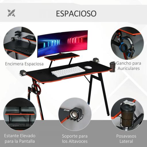 Mesa Gaming Escritorio para Computadora PC con Soporte para Monitor y Altavoz Portavasos Gancho para Auriculares Fibra de Carbono 120x60x94,5 cm Negro [4]