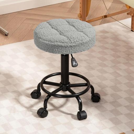 Taburete Giratorio Redondo Taburete con Ruedas Altura Regulable 50-66 cm Asiento Tapizado en Tejido de Borreguito Gris [7]