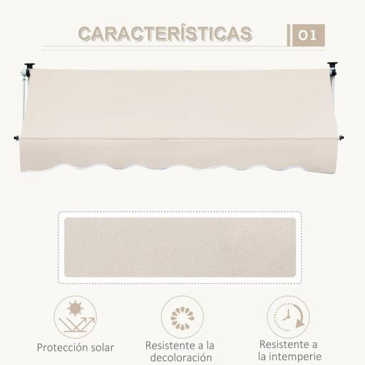Toldo Manual Retráctil 4x1,2 m Toldo Exterior Terraza Enrollable Altura Ajustable con Manivela 170-280 cm Sin Taladro para Balcón Jardín Beige [2]