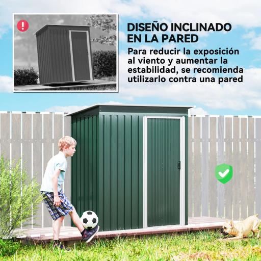 Cobertizo de Jardín Exterior 1,16 m² 163x89x182 cm Caseta Metálica con Puerta Corredera y Techo Inclinado Verde [3]