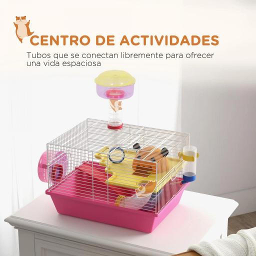 Jaula para Hámster con Cuenco Bebedero Rueda de Ejercicio Torre de Observación y Casita 34x27x25 cm Rosa [3]
