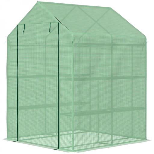 Invernadero de Jardín Tipo Caseta Invernadero de Exterior con 2 Niveles 4 Estantes Puerta Enrollable Marco de Acero y Cubierta de PE 140g/㎡ para Cultivos Plantas Macetas 143x138x190 cm Verde [5]