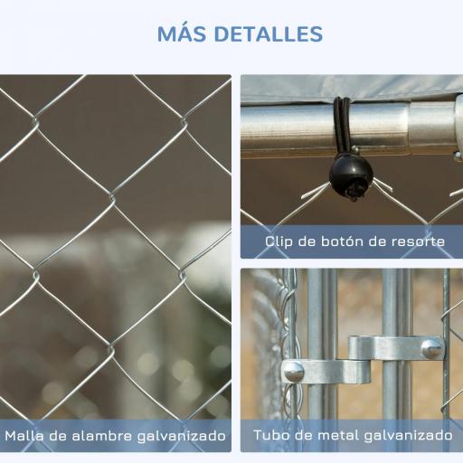 Perrera de Exterior con Toldo Anti-UV Impermeable Puerta con Pestillo y Marco de Metal Galvanizado 4x4x2,3 m Plata [3]