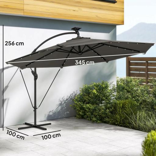 Parasol Excéntrico con Luces LED Solares Ø345 cm Sombrilla Jardín de Aluminio con Base Cruzada Manivela Funda Gris [1]