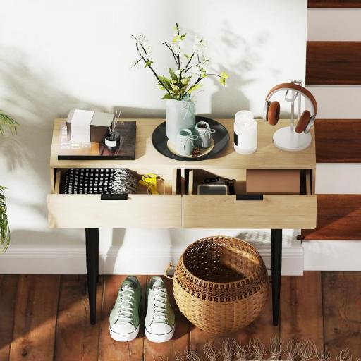 Mueble para Recibidor con 2 Cajones y Patas de Acero para Recibidor Entrada Pasillo 100x30x80,5 cm Roble [4]