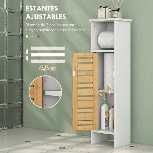 Mueble Auxiliar de Baño con Portarrollos de Papel Estantes Ajustable y Puerta de Bambú 21x17x78 cm Blanco y Natural [6]