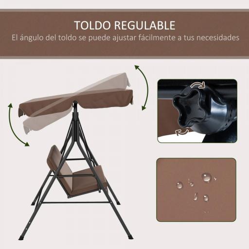 Balancín de Jardín Exterior Columpio de 3 Plazas con Toldo Ajustable y Marco de Acero para Terraza 172x110x153 cm Marrón [2]