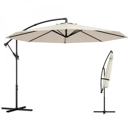 Parasol Excéntrico Ø300 cm con Base Cruzada Toldo Ajustable y Manivela UPF30+ para Terraza Patio Blanco Crema [8]
