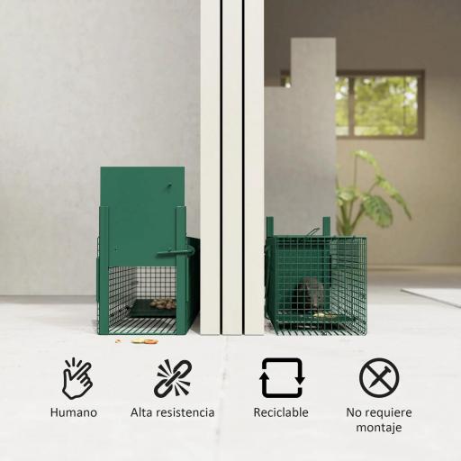 Trampa para Animales Vivos con Puerta Jaula de Captura Metálica con Asa para Conejos Visones Pequeños 60x18x20 cm Verde Oscuro [2]