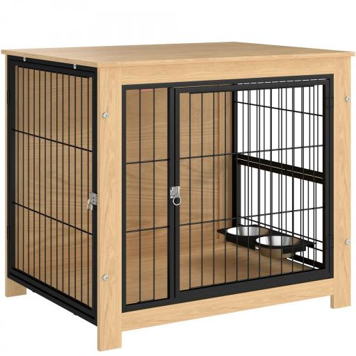 Jaula para Perros Mesa Auxiliar Moderna con 2 Puertas Soporte Giratorio con 2 Tazones 80x60x68 cm Roble [9]