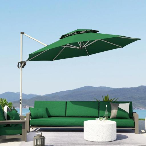 Parasol Excéntrico Ø292 cm con Manivela Giro 360° Inclinación Ajustable Doble Techo y Base Cruzada Verde Oscuro [2]