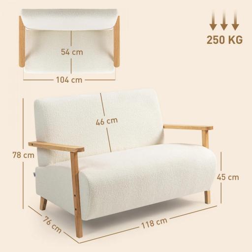 Sofá de 2 Plazas Tapizado en Borreguito 118 cm con Acolchado Grueso Reposabrazos y Patas de Madera Crema [1]