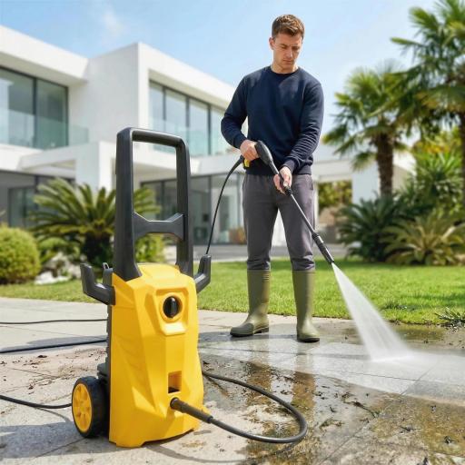 Hidrolimpiadora de Alta Presión 1600W 120 Bar con Bomba Boquilla Ajustable y Parada Automática 29,5x22x60 cm Amarillo [0]