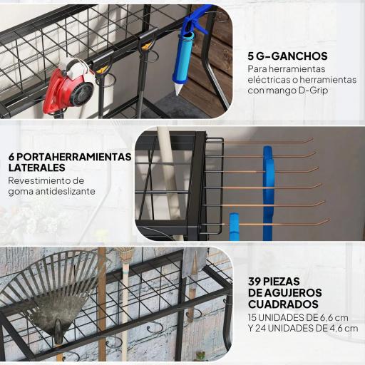 Organizador de Herramientas de Jardín Estantería de Almacenamiento de 3 Niveles para Garaje con Ganchos [2]