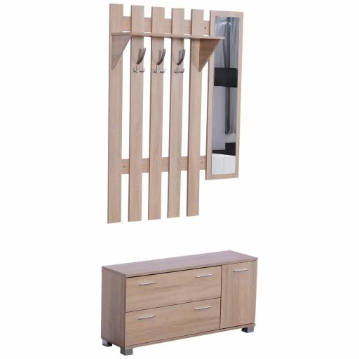 Conjunto de Recibidor de Entrada con Espejo Perchero Zapatero 3 Ganchos Estante y 2 Cajones para Pasillo Roble [7]