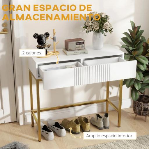 Mesa de Entrada con 2 Cajones y Patas de Acero Antivuelco Mueble de Recibidor para Salón Pasillo 80x31,5x75 cm Blanco [9]