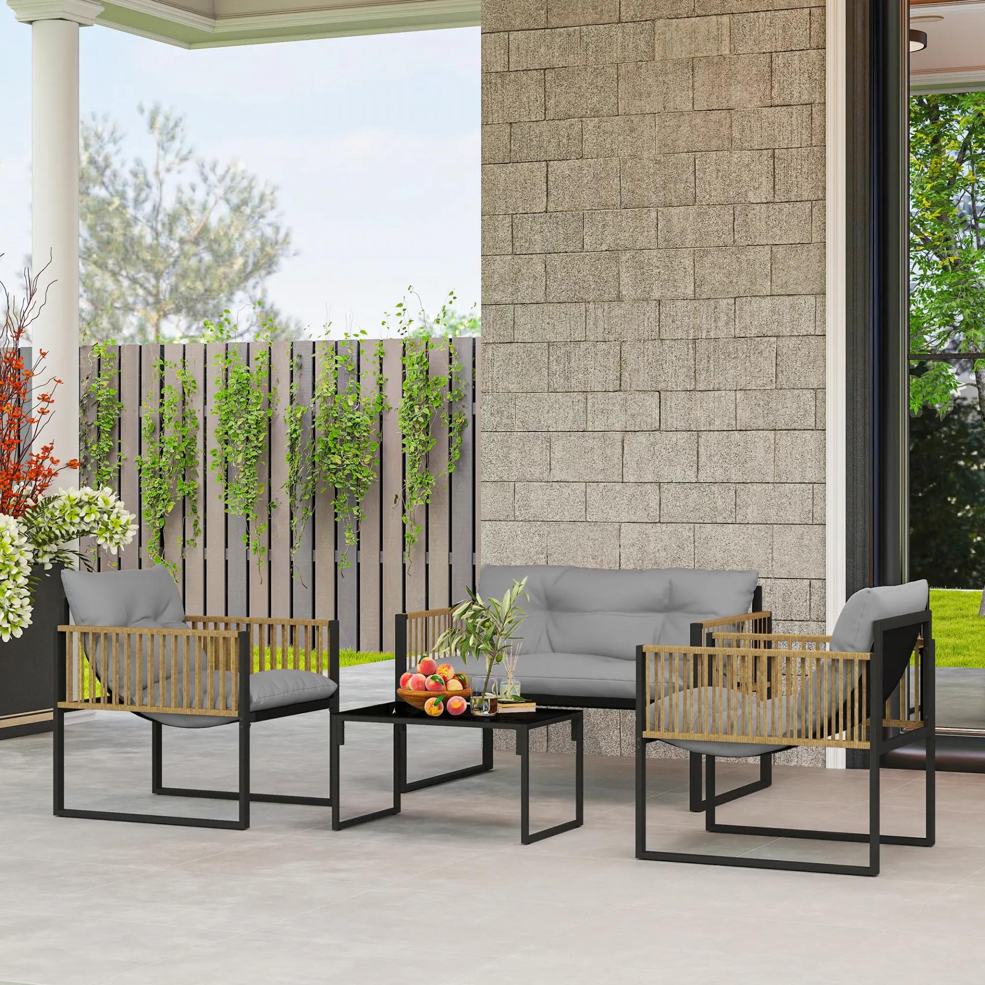 Conjunto de Jardín Exterior de Ratán Sintético con 2 Sillones 1 Sofá de 2 Plazas 1 Mesa de Centro y Cojines Crema