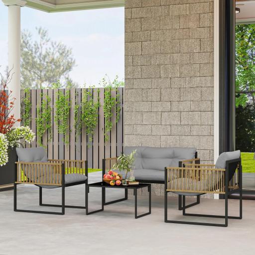 Conjunto de Jardín Exterior de Ratán Sintético con 2 Sillones 1 Sofá de 2 Plazas 1 Mesa de Centro y Cojines Crema