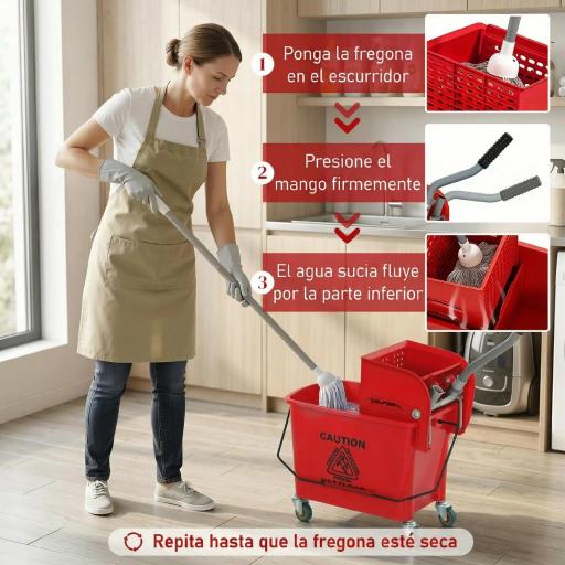 Cubo de Fregar con Escurridor Panel Separador y Ruedas Capacidad 20L para Limpieza Doméstica 45x26,5x70 cm Rojo [2]