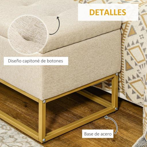 Banqueta con Almacenamiento Banco Rectangular Tapizado en Lino con Tapa Abatible y Patas de Acero 110x44x48 cm Beige [4]