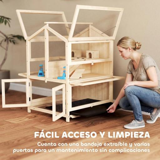 Jaula para Hámster de Madera de 3 Niveles con Bebederos Casetas Balancines Bandeja Extraíble y Tapas Abatibles Natural [6]