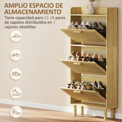 Mueble Zapatero con 3 Cajones Abatibles y Estante Abierto para12-18 Pares de Zapatos 65x24,5x153 cm Roble [2]