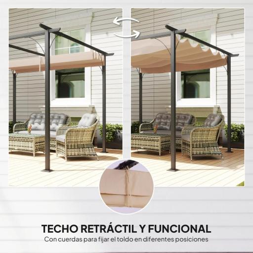 Pérgola de Jardín 3x3m Gazebo Cenador para Exterior con Techo Retráctil Tela Poliéster Impermeable y Anti-UV para Patio Terraza Beige [4]
