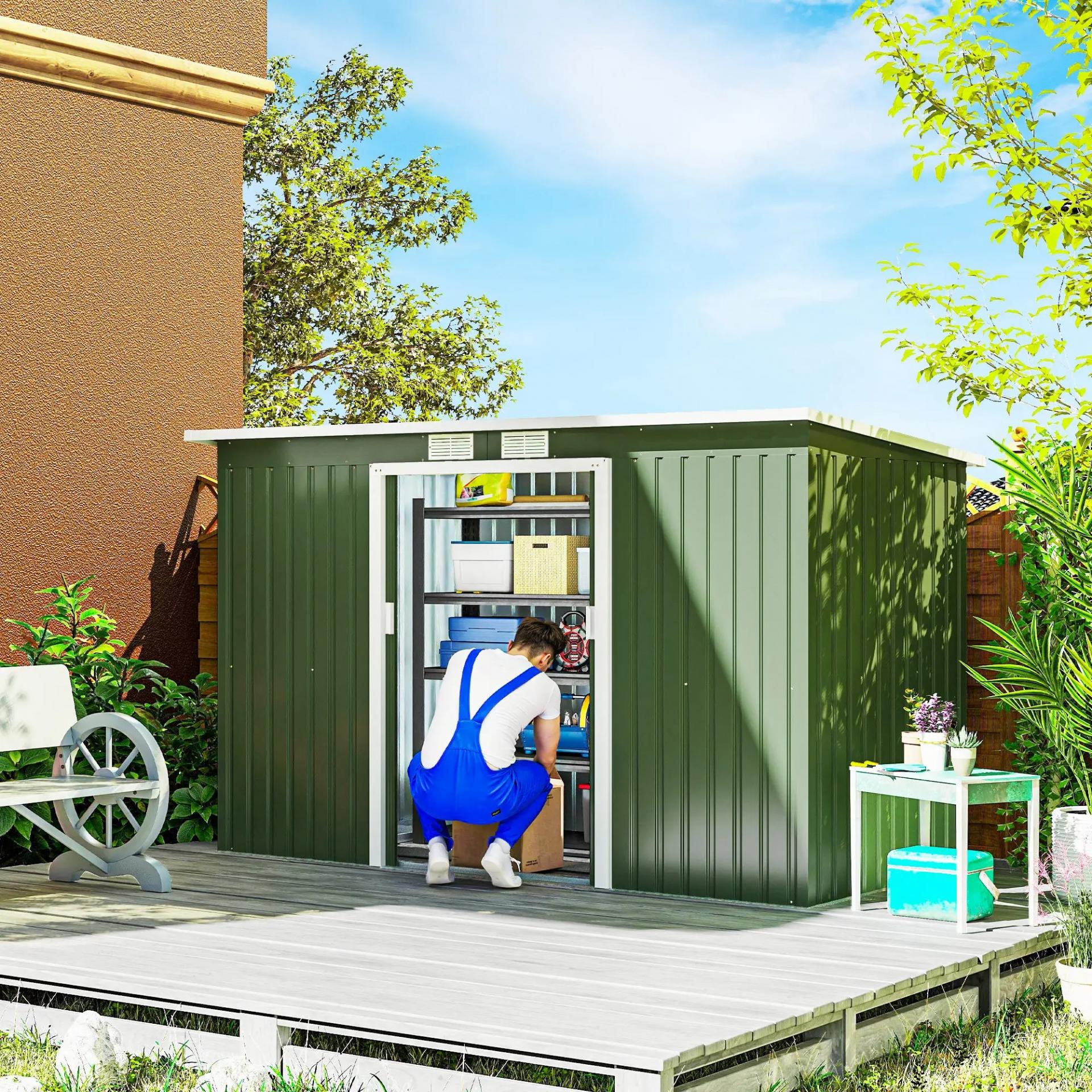 Caseta de Exterior 280x130x172 cm Cobertizo de Jardín con Puertas Correderas Base y Ventilaciones Verde Claro