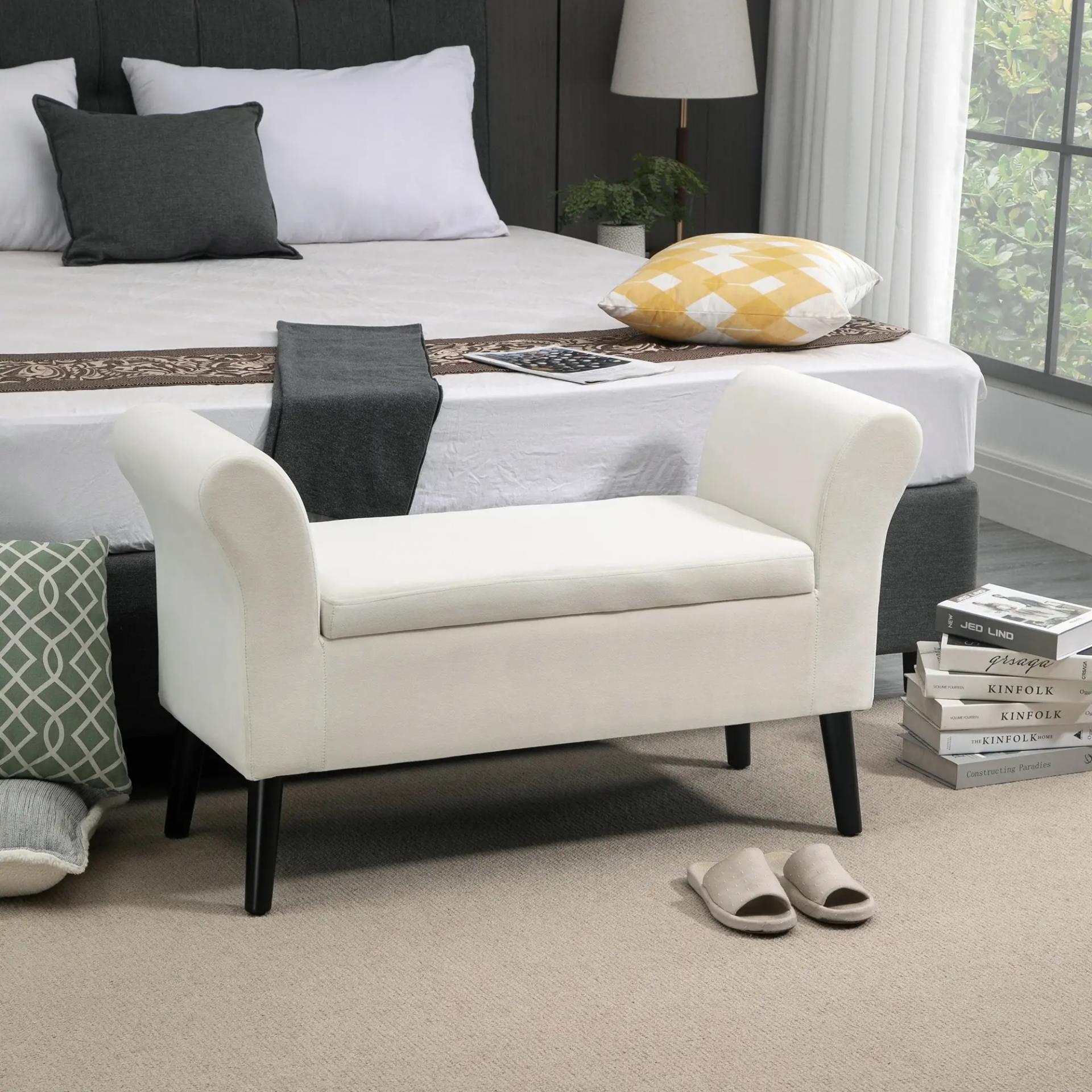 Banco de Almacenamiento con Tapa Abatible Reposabrazos y Patas de Madera para Salón 111,5x41x65 cm Crema