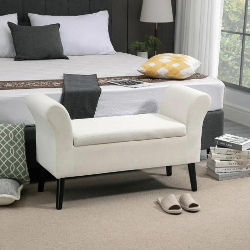 Banco de Almacenamiento con Tapa Abatible Reposabrazos y Patas de Madera para Salón 111,5x41x65 cm Crema