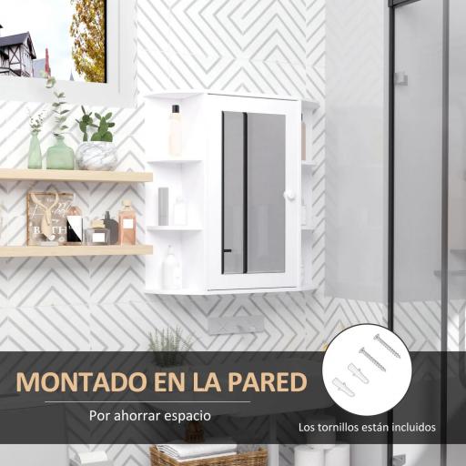 Armario de Baño con Espejo Mueble Colgante de Aseo con 1 Puerta 2 Estantes Interiores y 6 Estantes Laterales para Salón Cocina Dormitorio 66x17x63 cm Blanco [8]