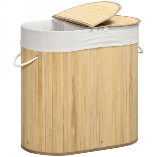 Cesto para Ropa Sucia de Bambú 100L 2 Compartimentos Bolsa Interior Extraíble y Lavable 62,5x37x60,5 cm Natural [10]
