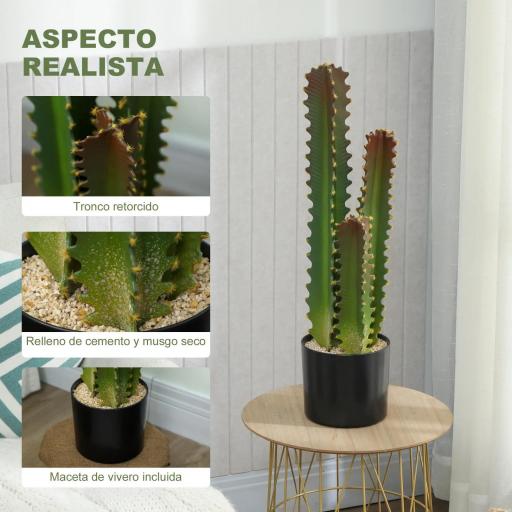 Cactus Artificial 66 cm Planta Artificial Decorativa con Maceta y 3 Hojas para Decoración del Interior Verde [4]