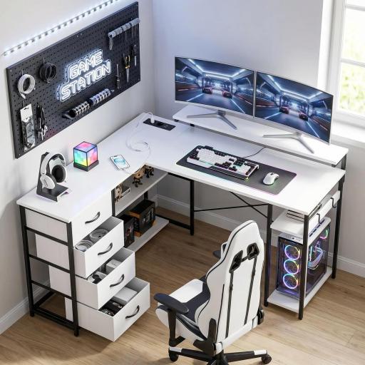 Escritorio en L Reversible con 4 Cajones de Tela 2 Enchufes y 2 Puertos USB Soporte para Monitor 155x112 cm Blanco [2]