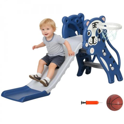 Tobogán para Niños de 18 a 36 Meses con 2 Escaleras 1 Canasta de Baloncesto y Patrón de Tigre 133x60x70 cm Azul y Gris [9]