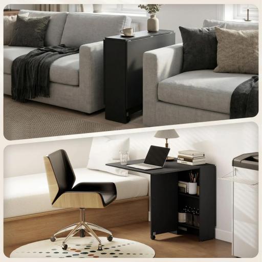 Mesa de Cocina Plegable con 2 Ruedas 2 Estantes de Almacenaje y 2 Alas Abatibles Estilo Moderno 75x140x74 cm Negro [3]