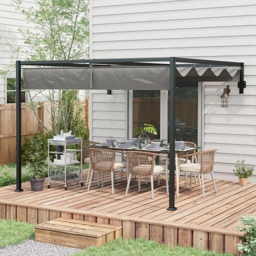 Pérgola de Jardín de Pared 297x211x220 cm Cenador con Techo Retráctil y Marco de Acero para Patio Terraza Gris Oscuro