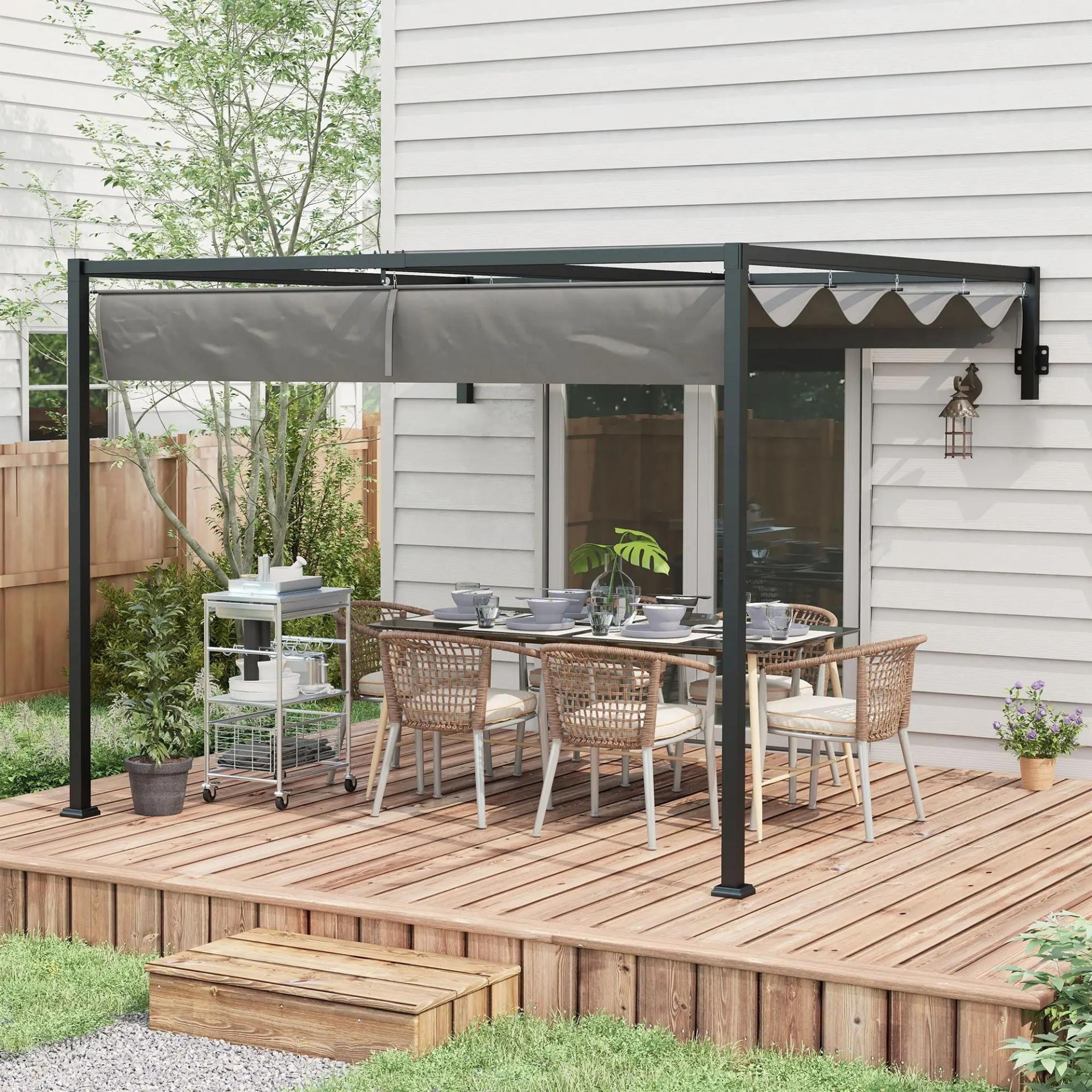 Pérgola de Jardín de Pared 297x211x220 cm Cenador con Techo Retráctil y Marco de Acero para Patio Terraza Gris Oscuro