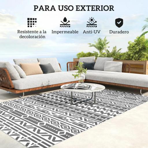 Alfombra de Exterior Reversible 182x274 cm con Patrón Geométrico de Cenefa Impermeable con Bolsa Gris y Blanco [4]