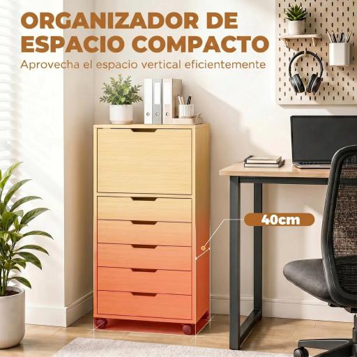 Cajonera de Oficina con 5 Cajones Ruedas y Armario con Cierre Suave Soporte para Impresora Natural [5]