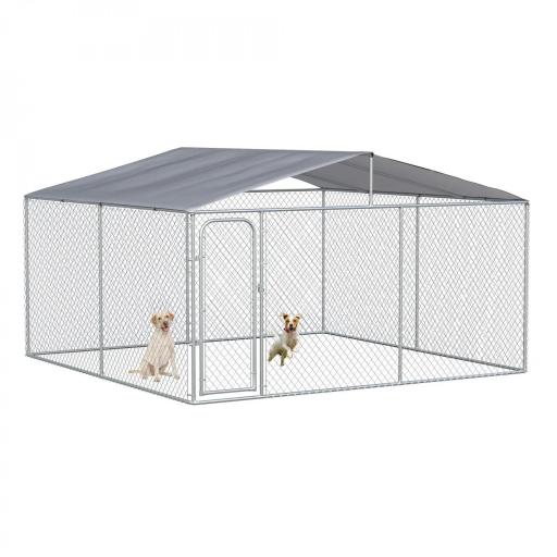 Perrera de Exterior con Toldo Anti-UV Impermeable Puerta con Pestillo y Marco de Metal Galvanizado 4x4x2,3 m Plata [9]