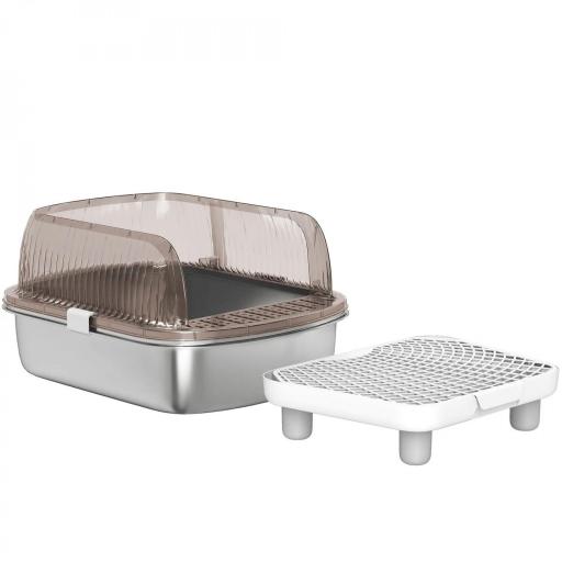 Arenero para Gatos Cubierto con Bandeja de Acero Inoxidable Bordes Altos Pala Peldaño y Zona para Caída de Arena Gris [8]