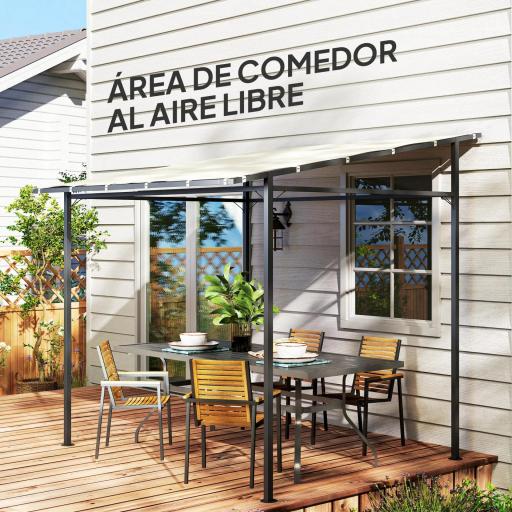 Pérgola de Pared 2,4x2,4 m con Techo Inclinado Protección UV 30+ Impermeable Marco de Metal para Patio Terraza Crema [4]
