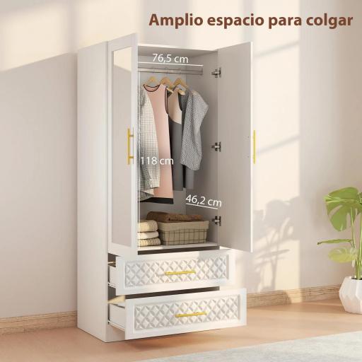 Armario Ropero con Espejo 2 Puertas y 2 Cajones Relieve de Diamante Barra para Colgar 80x50x180 cm Blanco [6]