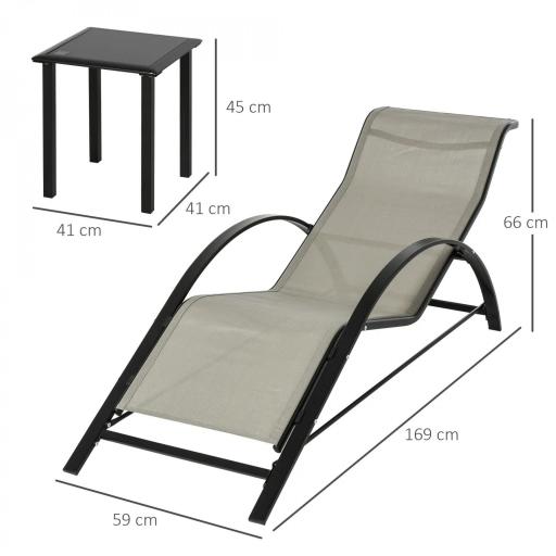 Set de 2 Tumbonas Jardín Exterior con Mesa Auxiliar de Vidrio Templado Tumbonas con Reposabrazos para Patio Terraza Gris [1]