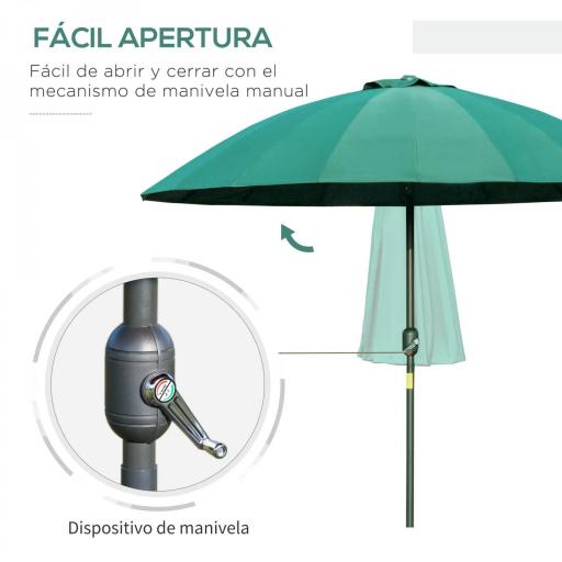 Sombrilla de Jardín Ø250x240 cm con Manivela Parasol con Ángulo Inclinable con 18 Varillas para Exterior Verde [2]