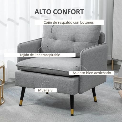 Butaca de Salón con Reposabrazos Asiento Acolchado y Patas de Acero Sofá Individual de Moderno 76x68x80 cm Gris [2]
