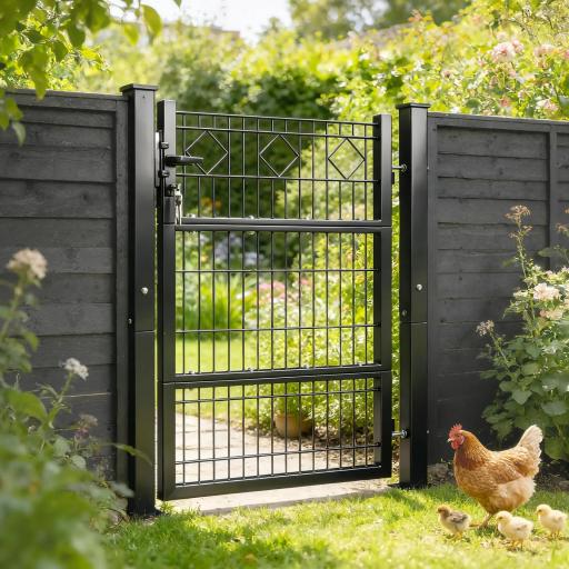 Puerta de Jardín 100 x 131 cm Puerta de Valla de Metal Galvanizado con Cerradura Llaves Manilla y 2 Postes Gris Oscuro