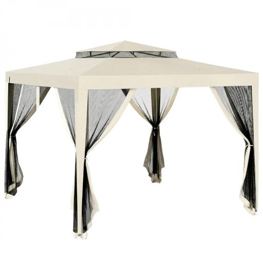 Carpa de Jardín 3x3 m Cenador Gazebo con 4 Mosquiteras Laterales Techo Doble 8 Orificios de Drenaje Marco de Metal Beige [9]